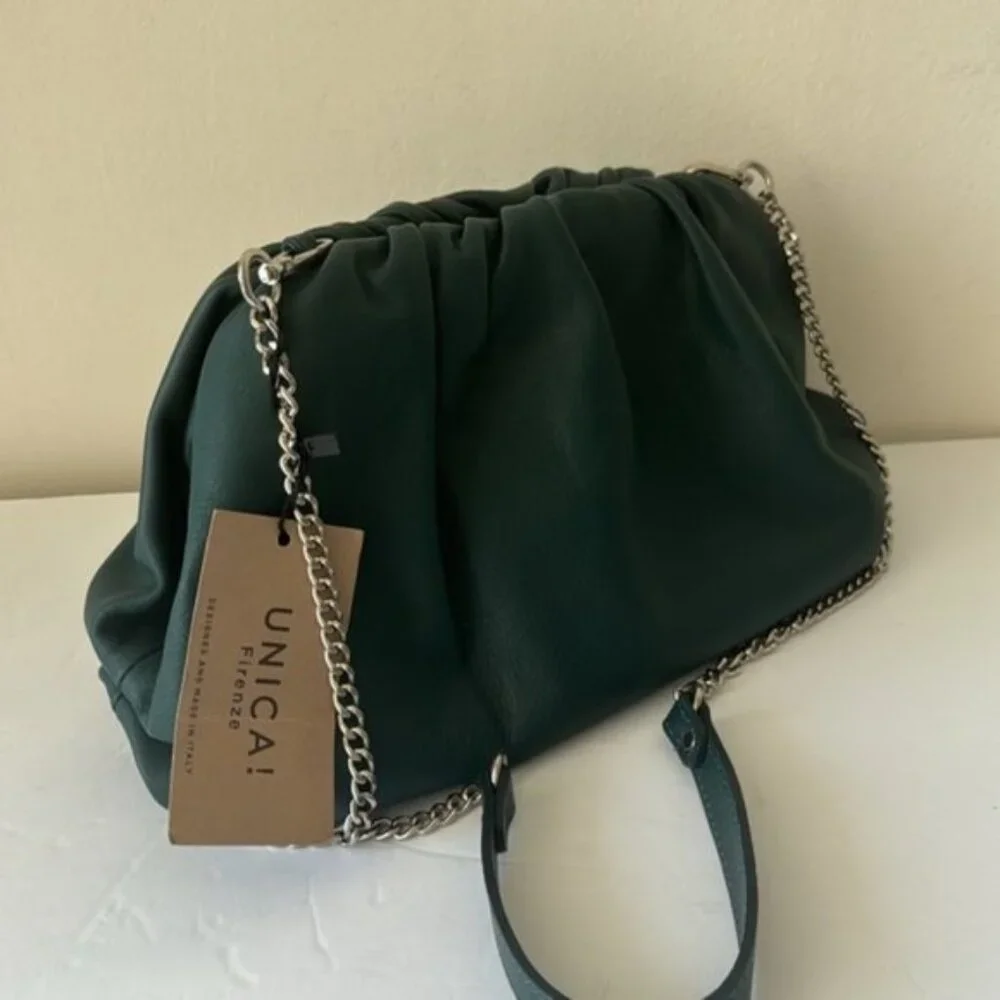 Unica! Firenze Leather Blue Teal Crossbody Convertible Pleated Handbag Clutch